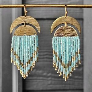 Moon Boho Earrings Beaded Fringe Handmade Jewelry Boheme Blue
